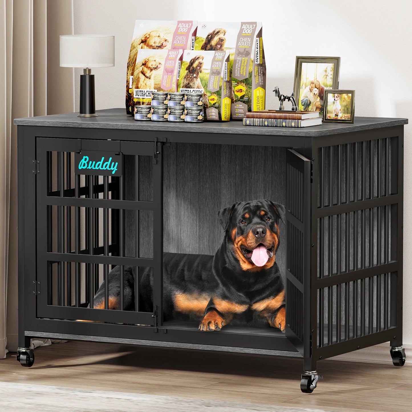 Casters Dog Crate Furniture Heavy Duty Kennel for Indoor Use