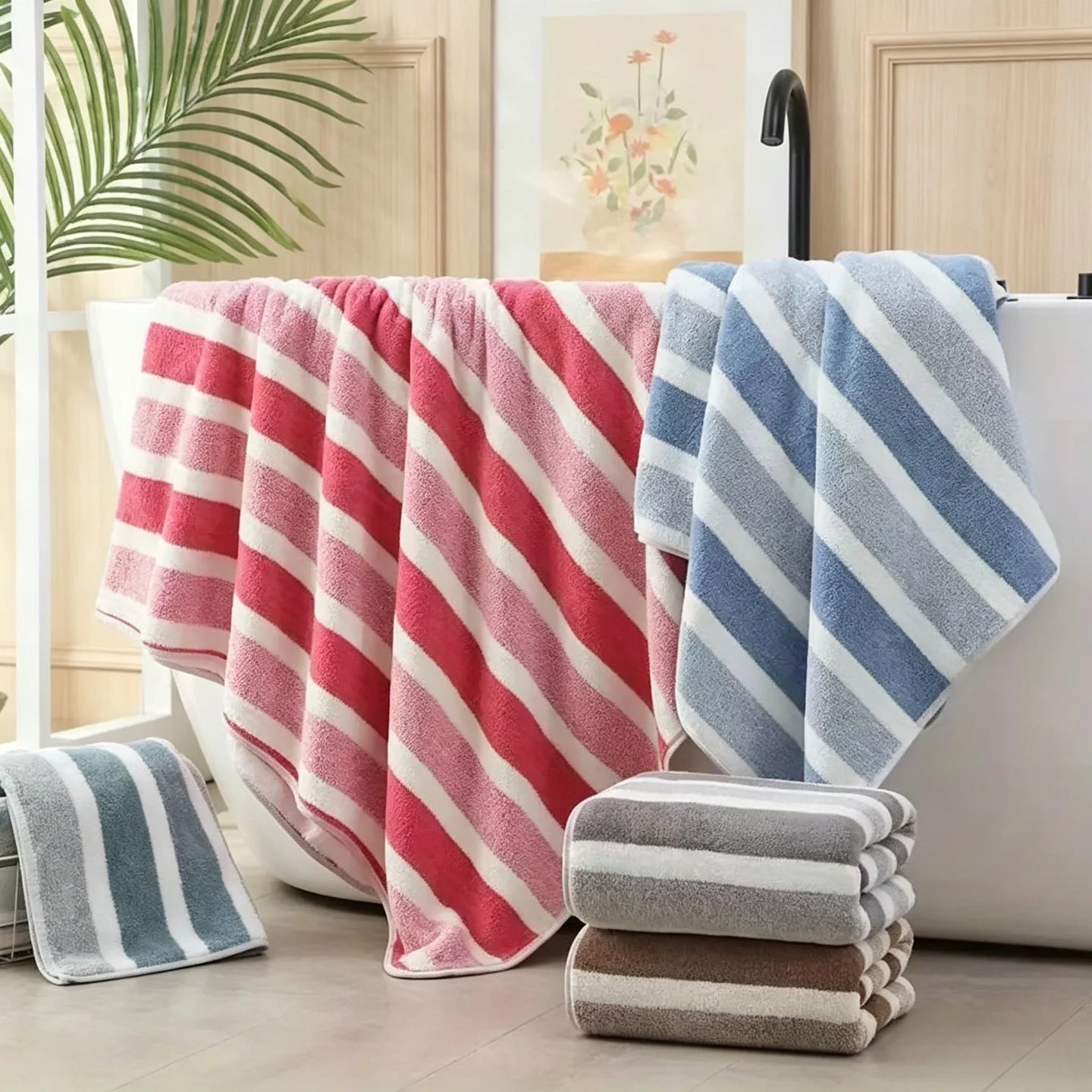 8 Piece Ultra Absorbent Microfiber Towel Set Two Tone Striped