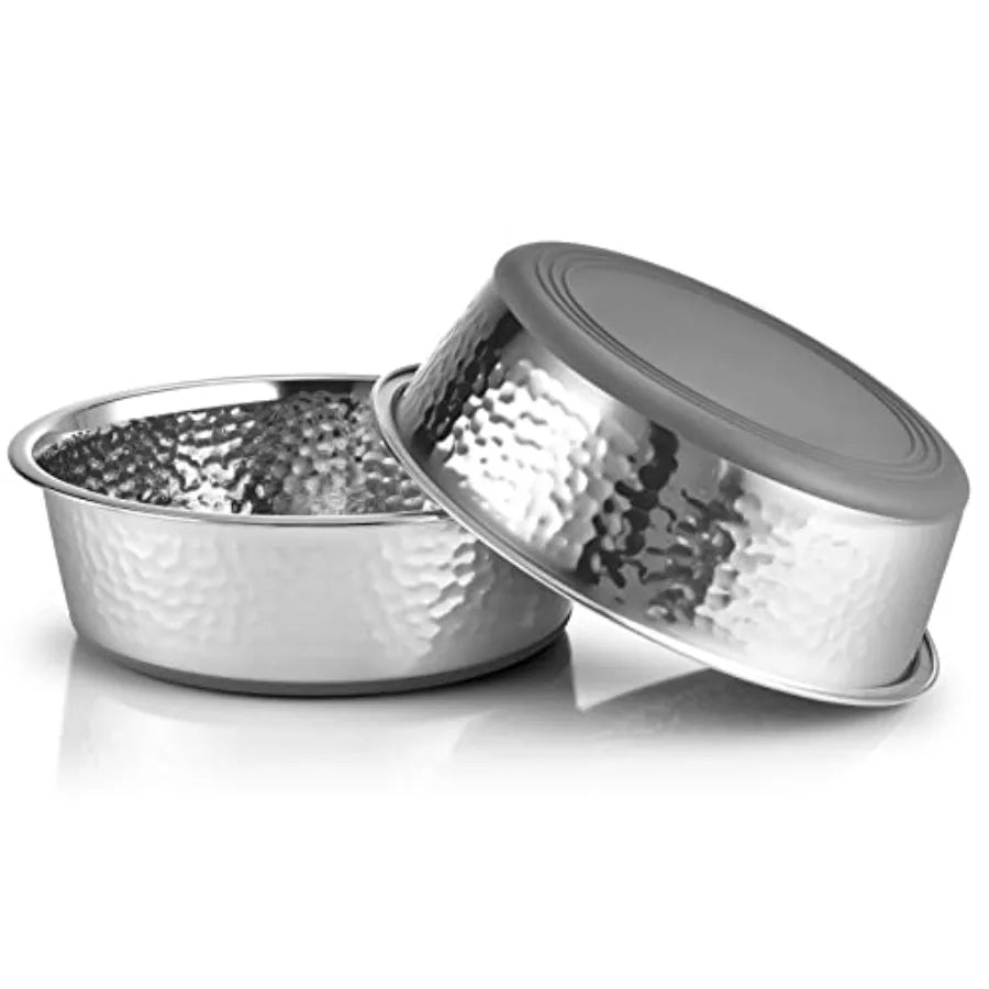 Two Pack Hammered Stainless Steel Cat Bowls Non Slip