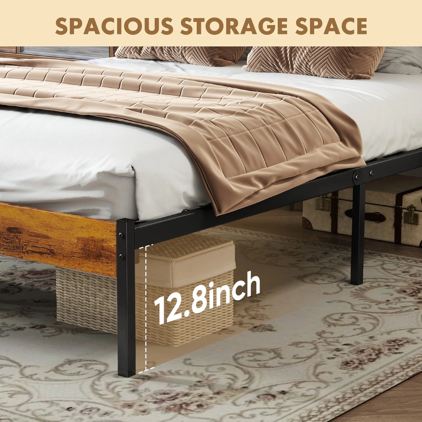 MCQ Wooden Headboard Metal Platform Bed Frame With 700 Lbs