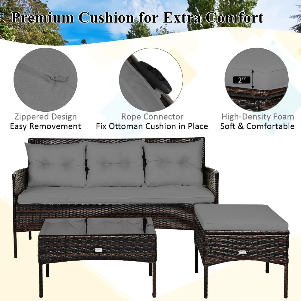 Patiojoy 3 Piece Rattan Patio Furniture Set With Cushioned Table
