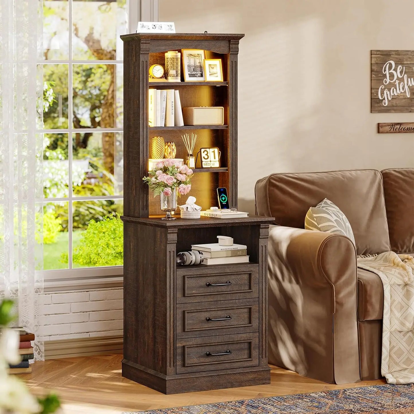 Frame Modern Nightstand With Three Drawers Charging Station LED