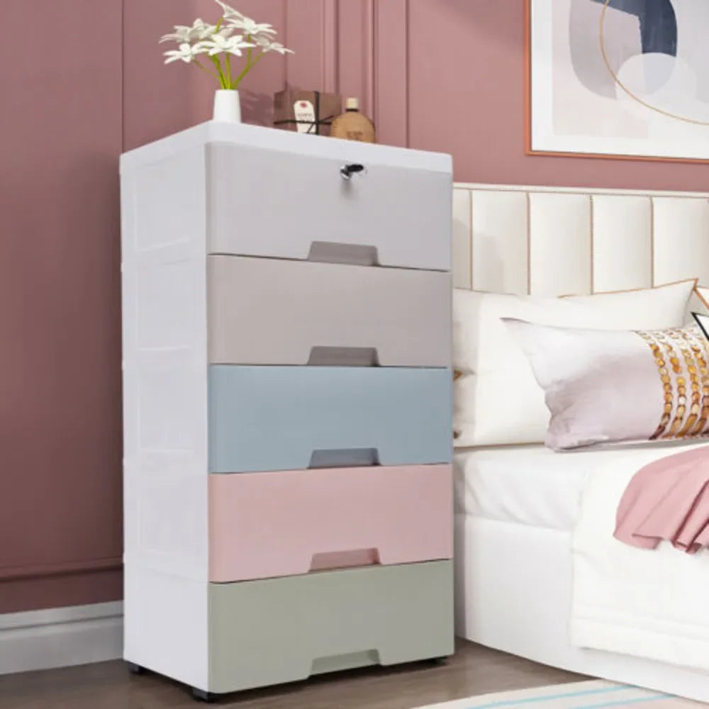 Bymaocar Dust-Proof 5-Drawer Plastic Storage Cabinet With Lockable Wheels