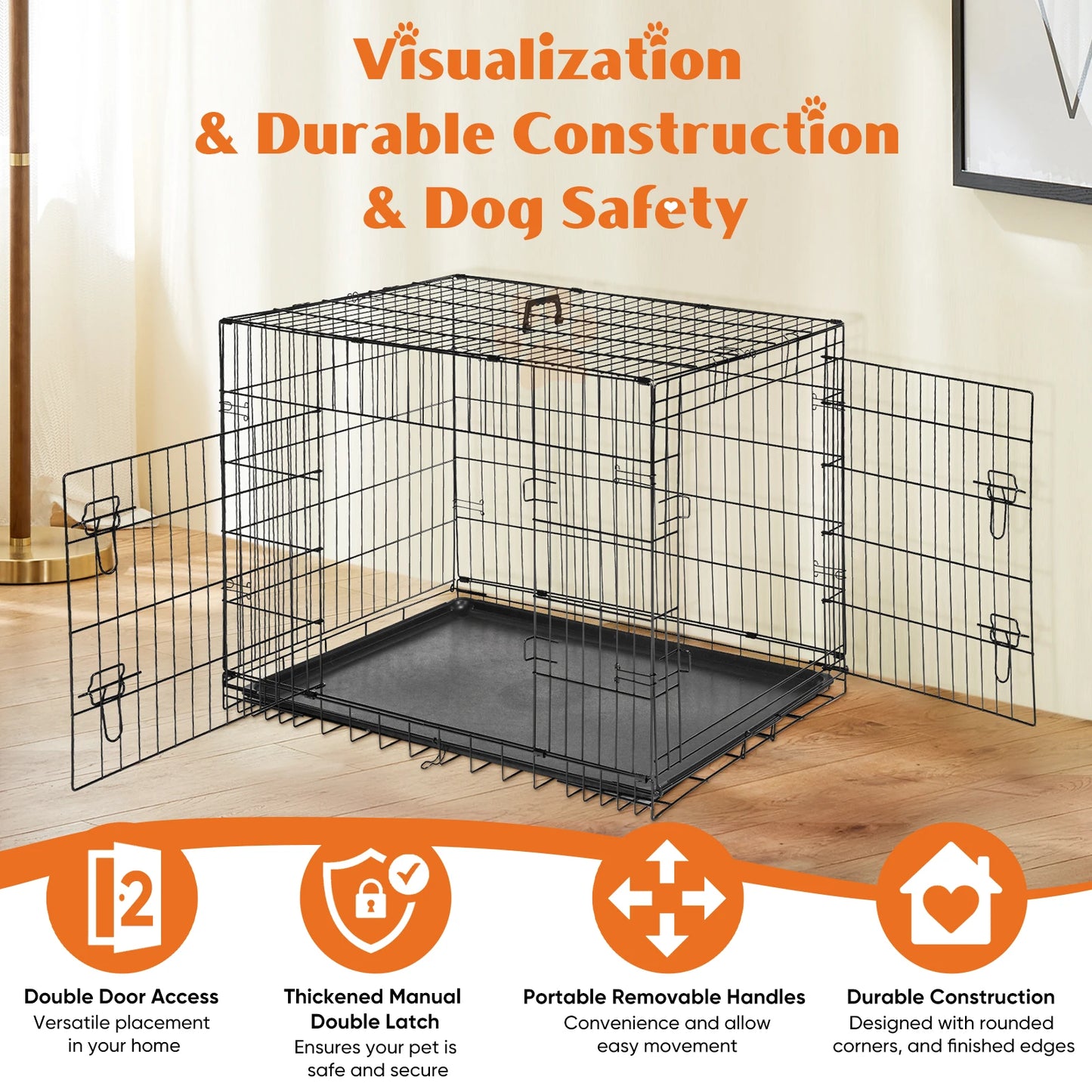 JHK Folding Metal Wire Dog Cage With Leak Proof Pan