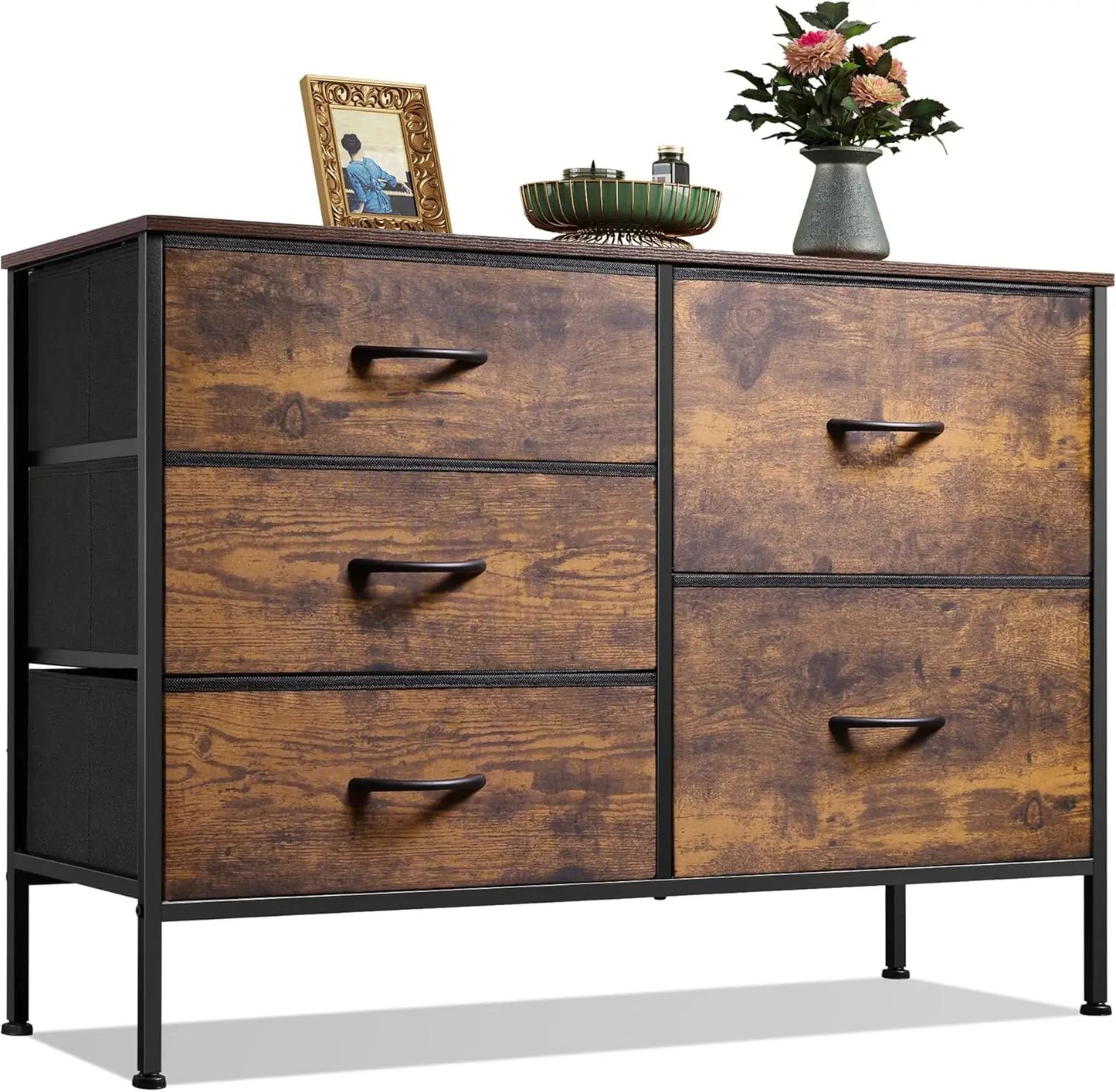 JHK Bedroom Dresser With Five Drawers And Metal Frame