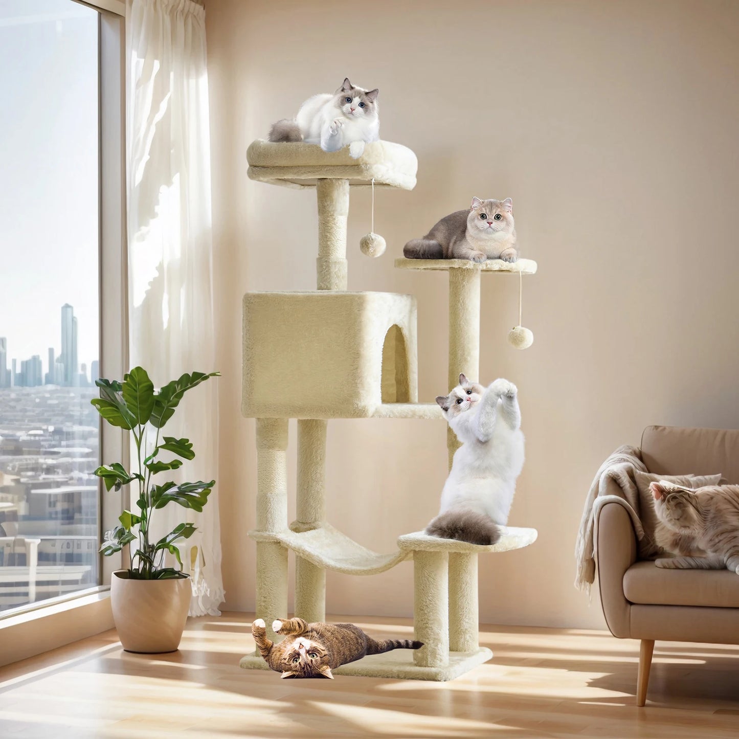 MCQ Cat Tree Tower With Natural Sisal Scratching Posts Pet Condo