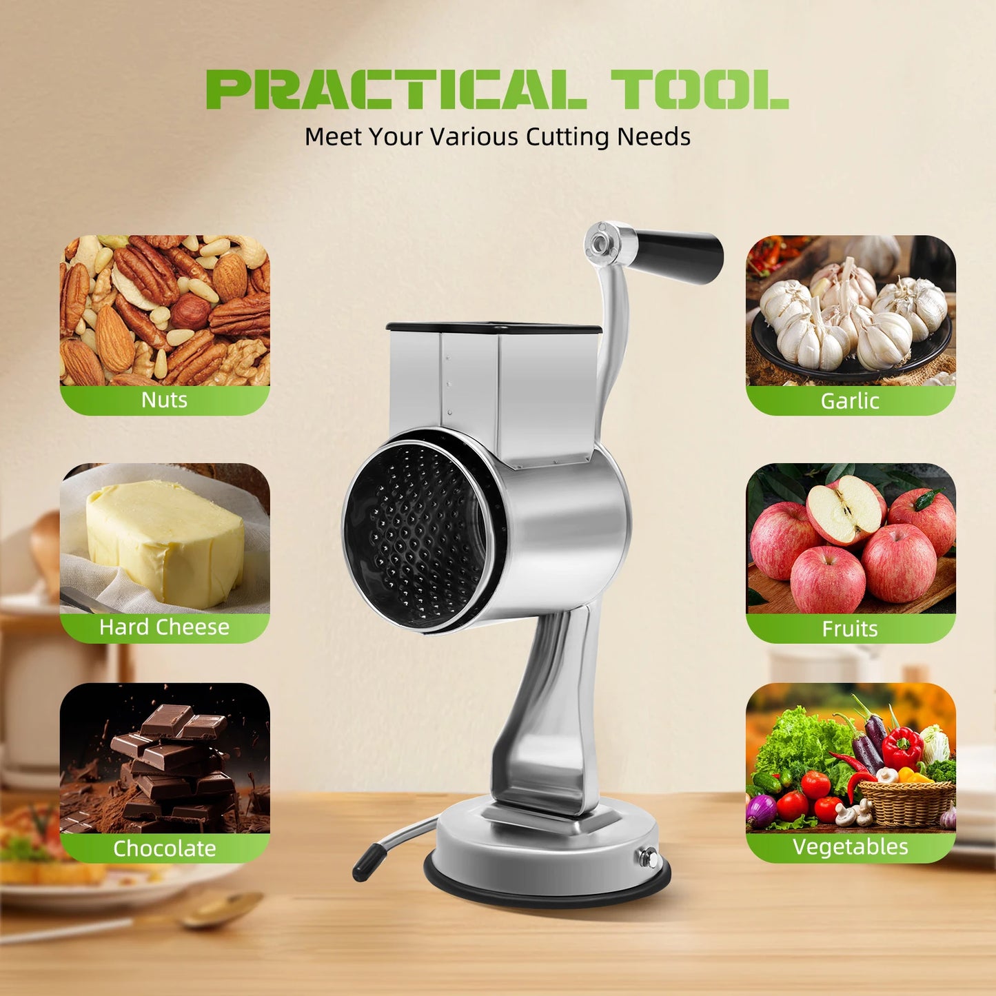 Rotary Grater With 5 Stainless Steel Blades For Vegetables