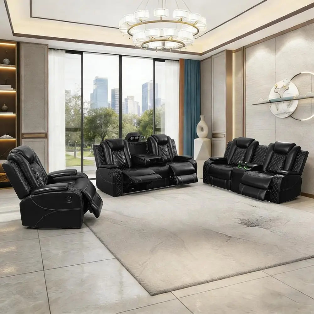 Leather 3-Piece Power Reclining Sofa Set with USB and Storage