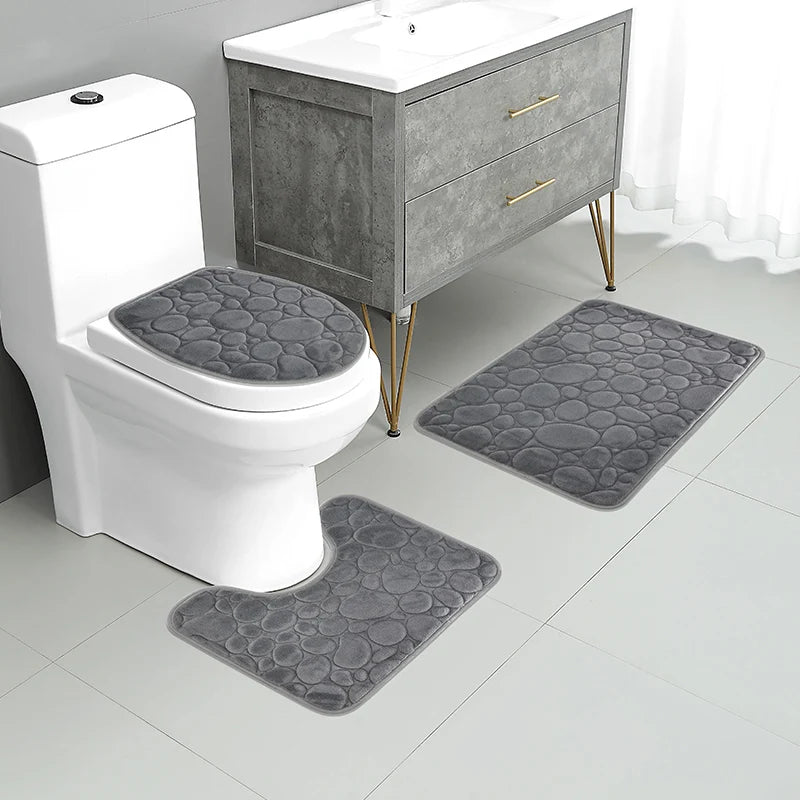 Three-Piece Microfiber Bathroom Mat Set Non-Slip Water Absorbent Stone Pattern