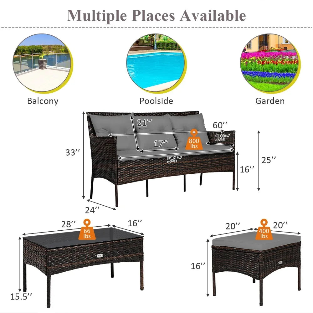 Patiojoy 3 Piece Rattan Patio Furniture Set With Cushioned Table