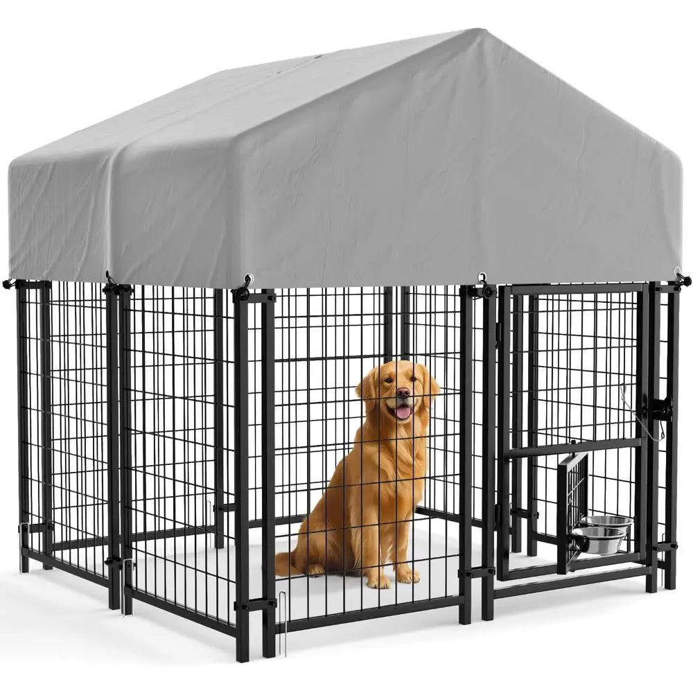 Sturdy Steel Outdoor Dog Kennel With Lockable Door Rotating Bowls