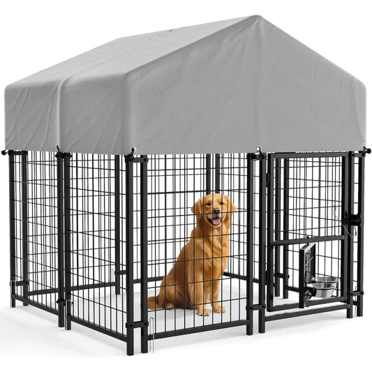 Sturdy Steel Outdoor Dog Kennel With Lockable Door Rotating Bowls