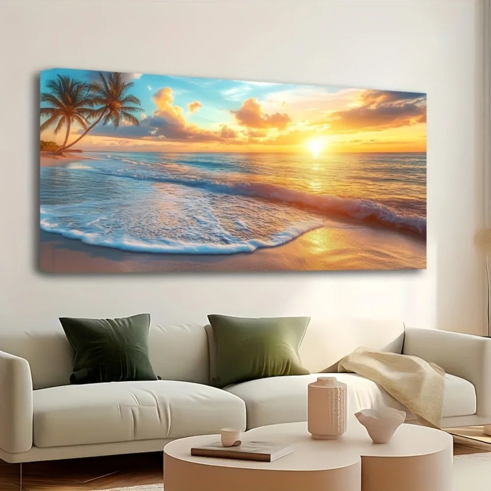 Solid Pine Wood Frame Ocean Sunset Canvas Mural Wall Art