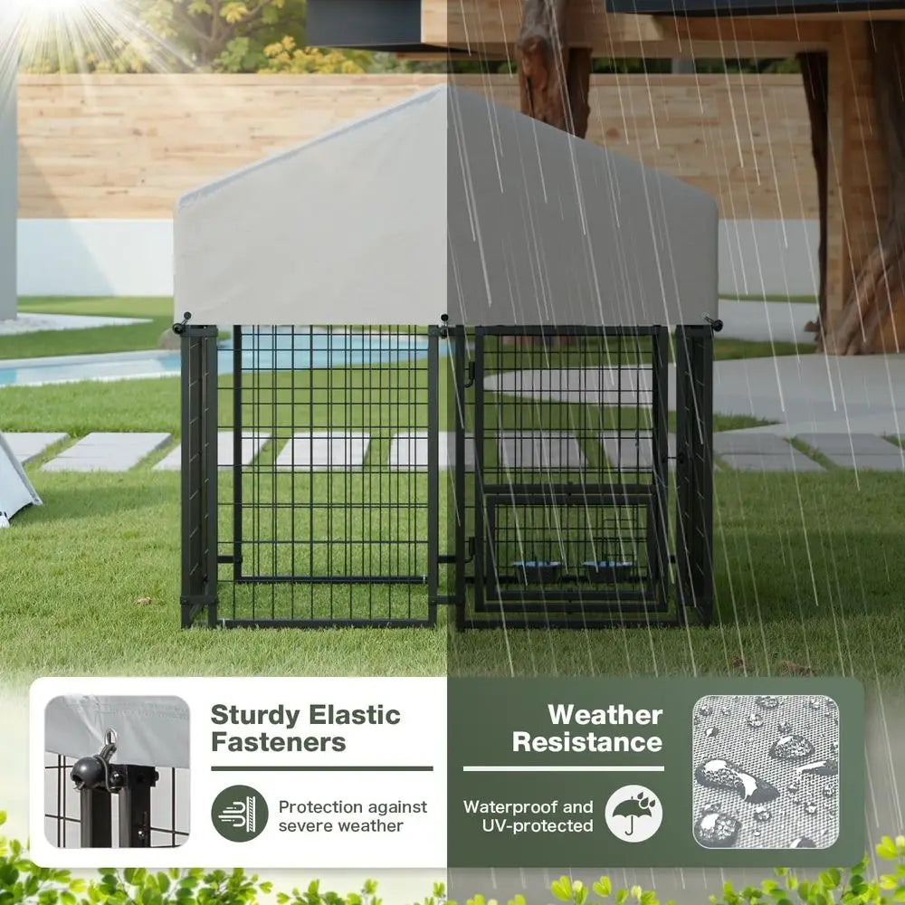 Sturdy Steel Outdoor Dog Kennel With Lockable Door Rotating Bowls