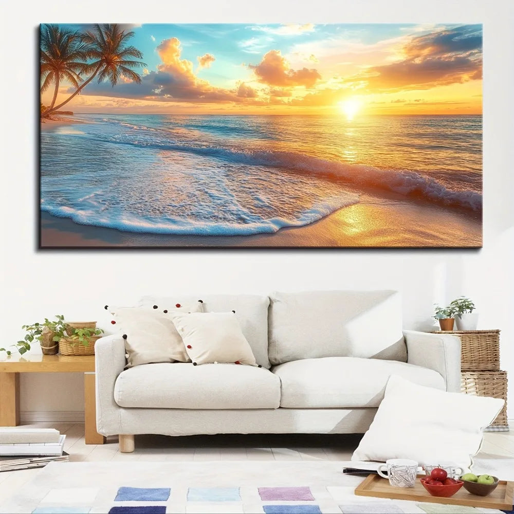 Solid Pine Wood Frame Ocean Sunset Canvas Mural Wall Art