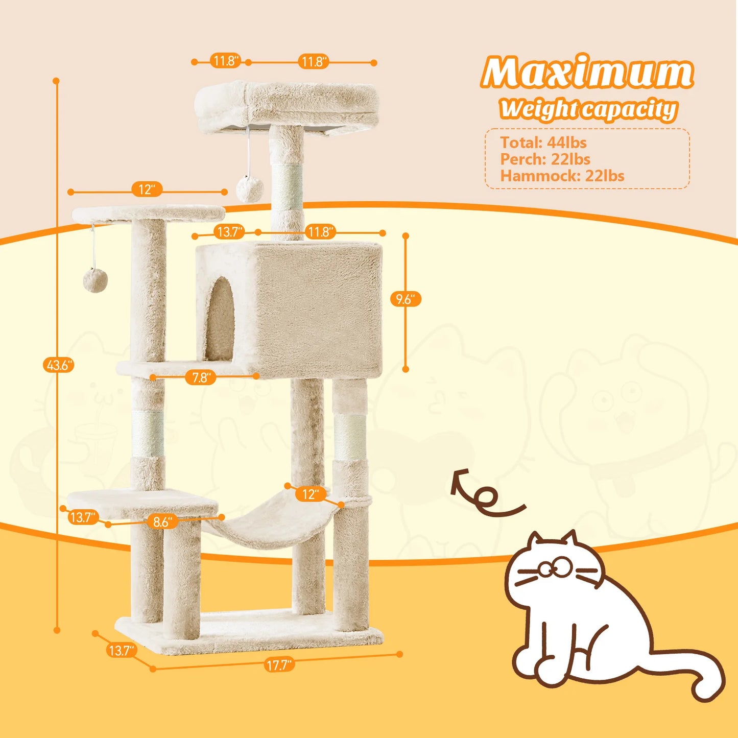 MCQ Cat Tree Tower With Natural Sisal Scratching Posts Pet Condo
