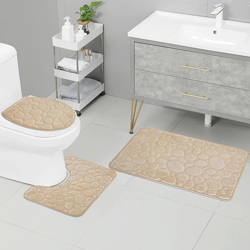 Three-Piece Microfiber Bathroom Mat Set Non-Slip Water Absorbent Stone Pattern