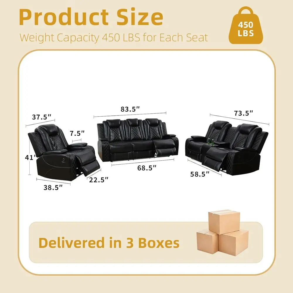 Leather 3-Piece Power Reclining Sofa Set with USB and Storage