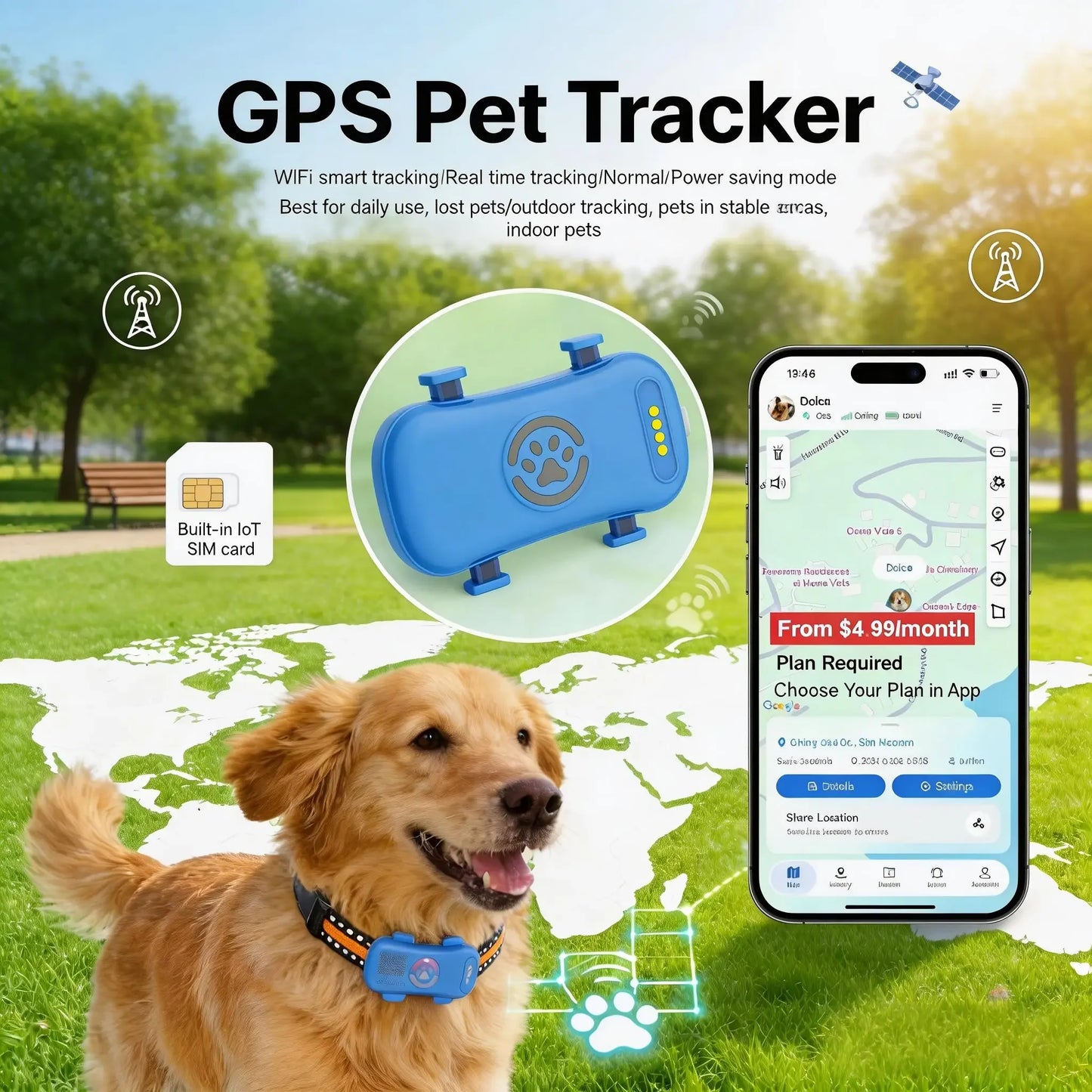 WANWAYTECH GPS Pet Tracker 4G Built In SIM Real Time Tracking IP67