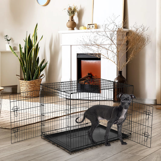 JHK Folding Metal Wire Dog Cage With Leak Proof Pan
