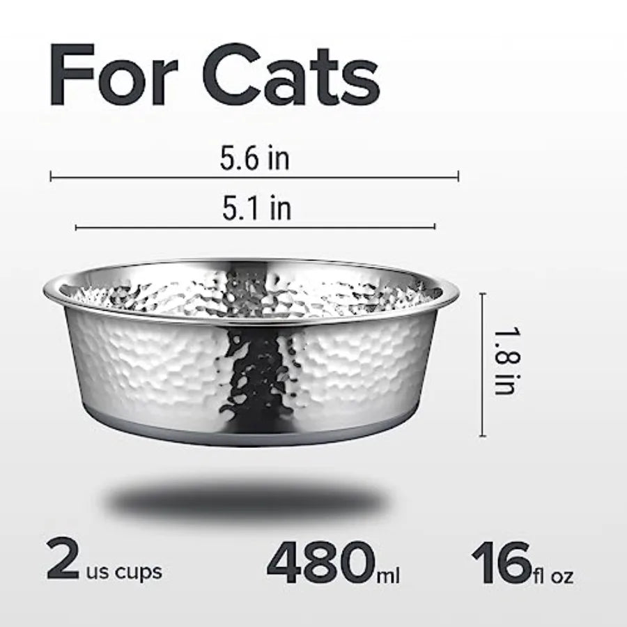 Two Pack Hammered Stainless Steel Cat Bowls Non Slip