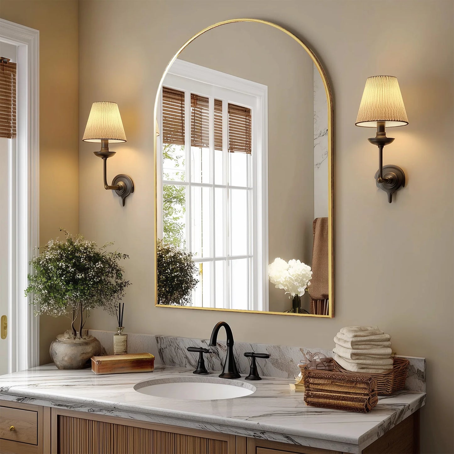 JHK Arched Metal Framed Bathroom Mirror for Wall Mounting Modern Decor