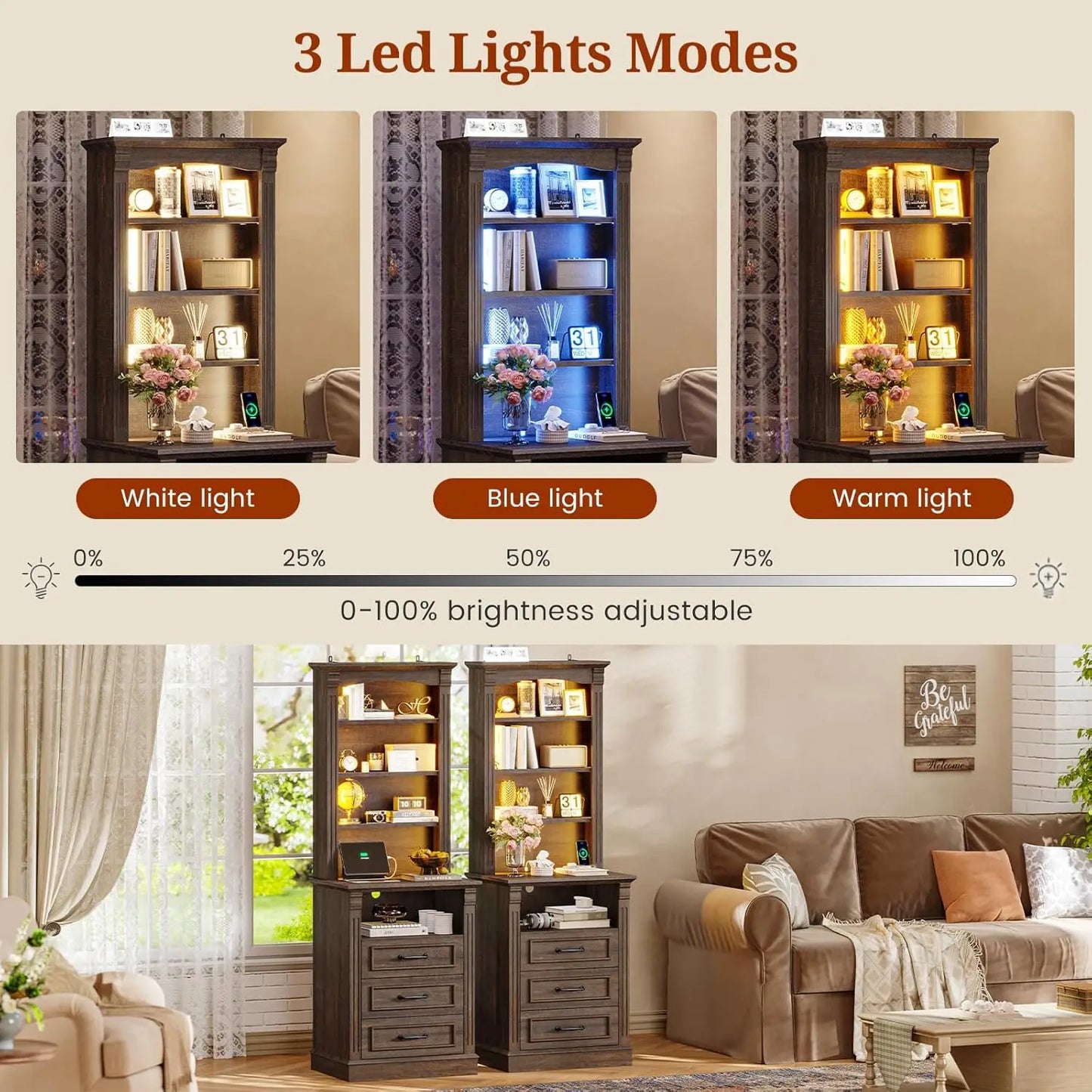 Frame Modern Nightstand With Three Drawers Charging Station LED