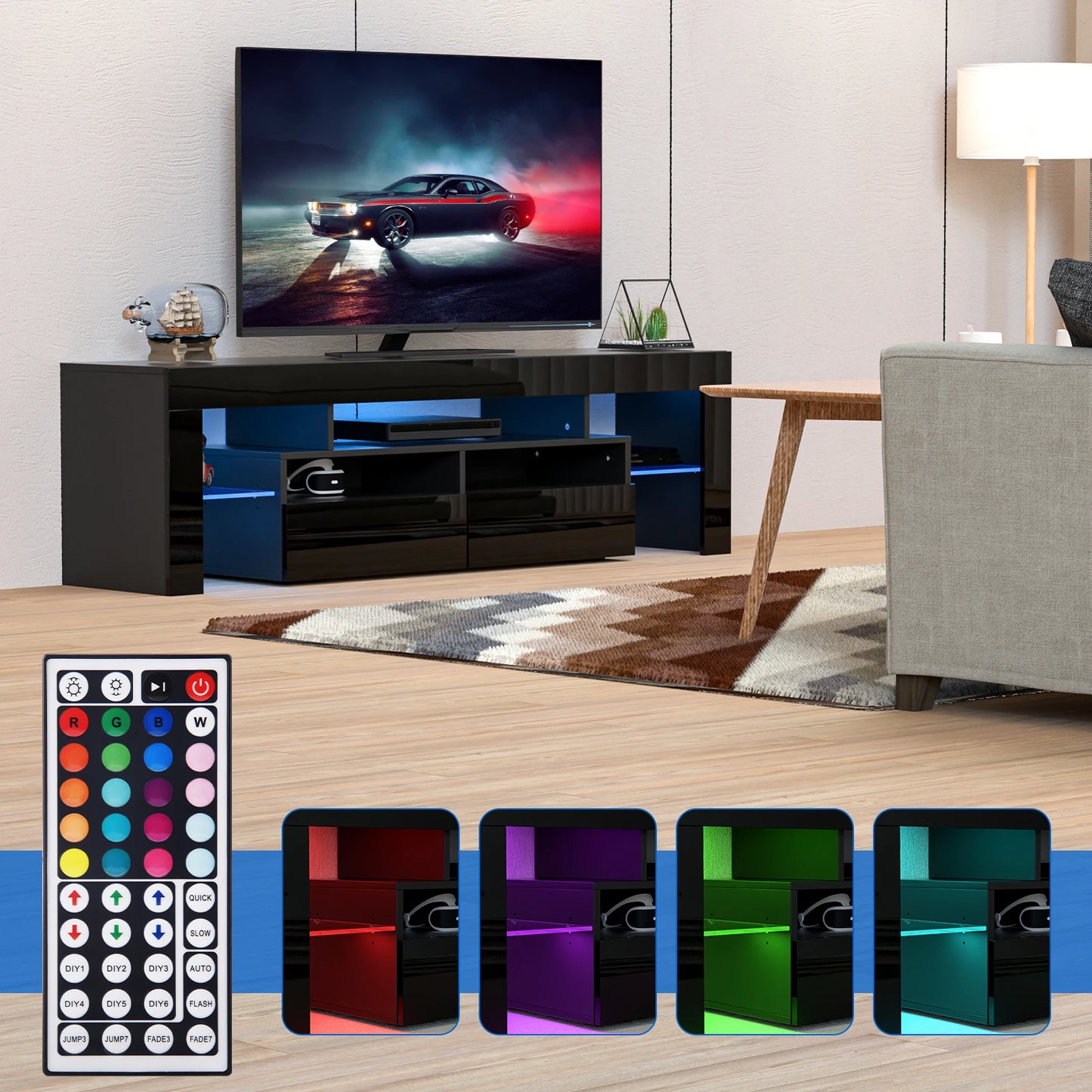 QiaoShiRen LED TV Stand With Storage Drawers High Gloss Cabinet