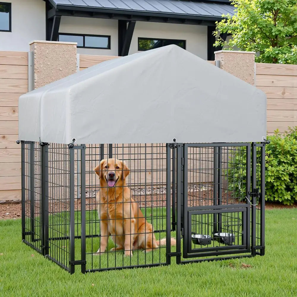 Sturdy Steel Outdoor Dog Kennel With Lockable Door Rotating Bowls