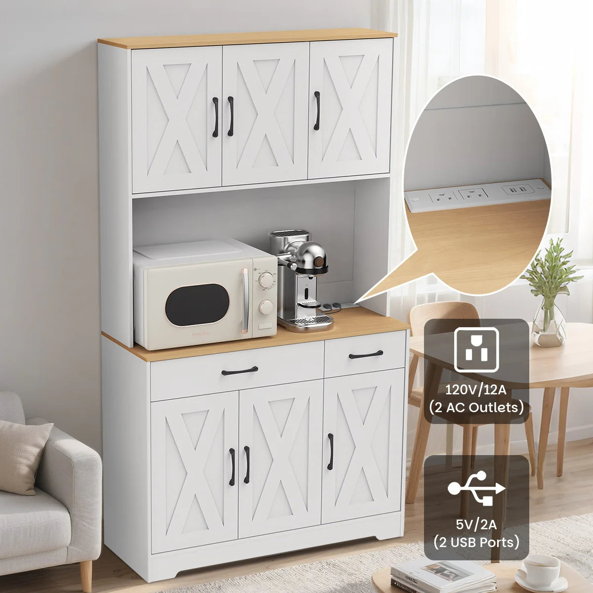 Huisenitre Freestanding Kitchen Pantry With Charging Station And Shelves