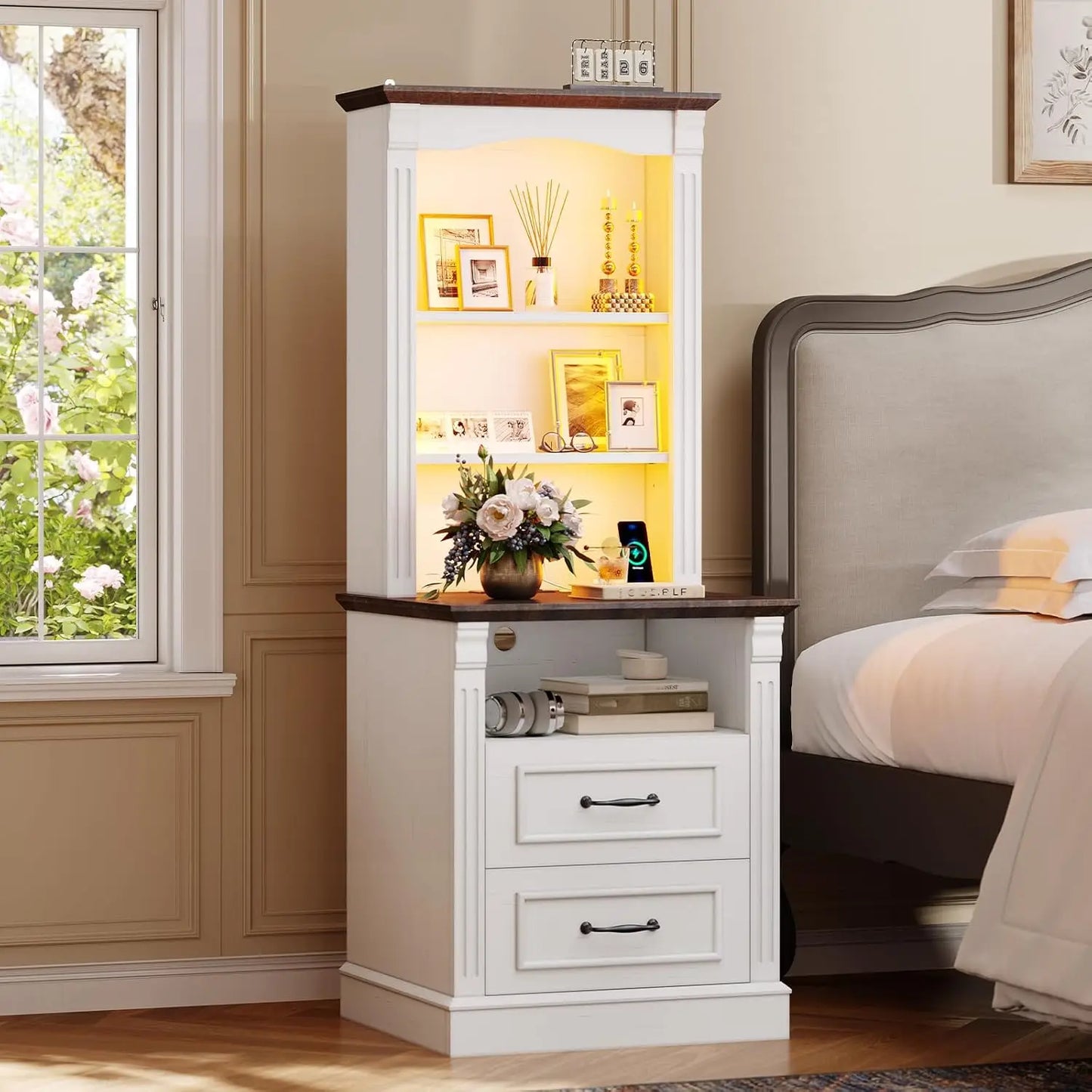 Frame Modern Nightstand With Three Drawers Charging Station LED