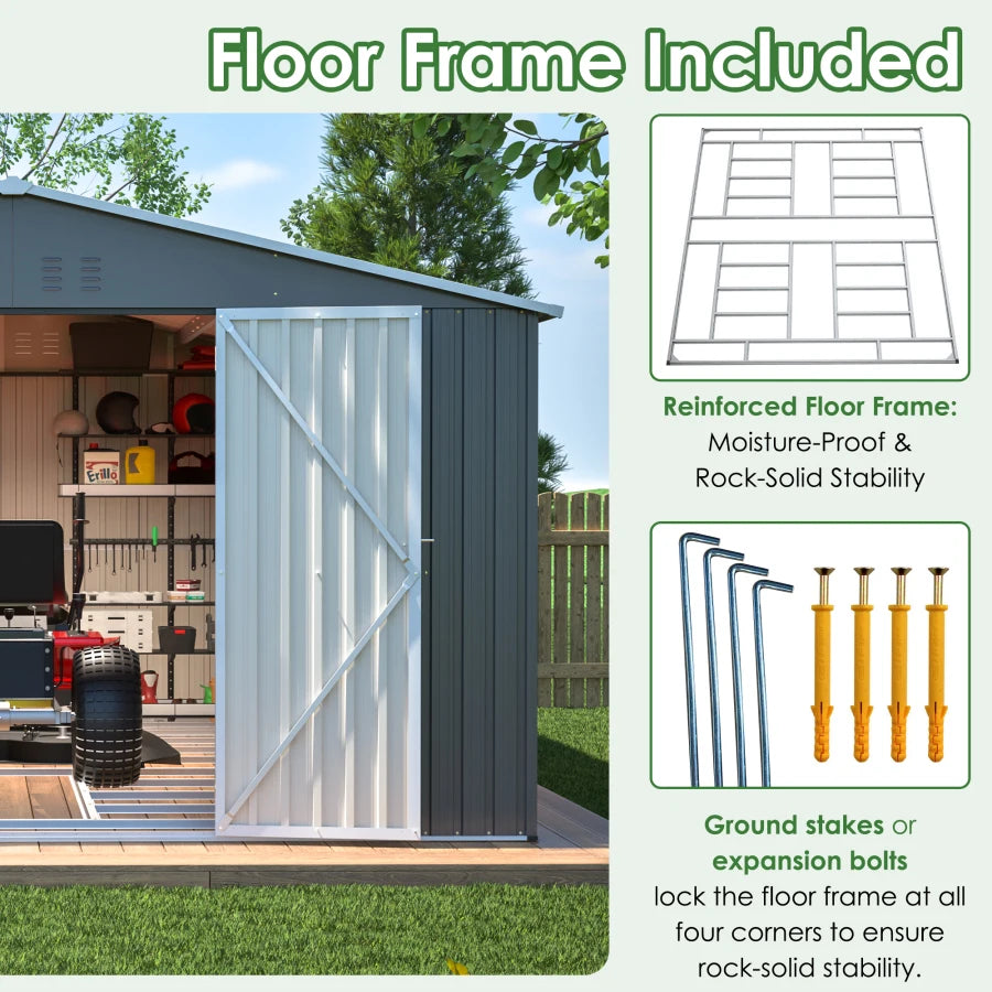 Metal Storage Shed With Reinforced Floor And Lockable Doors
