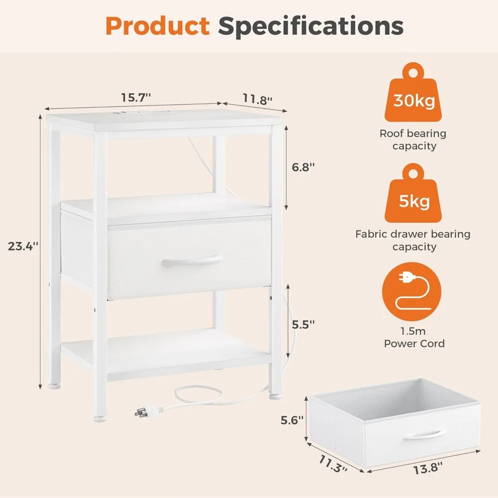NBVCX Compact Nightstand With Charging Station And 3 Tier Organizer