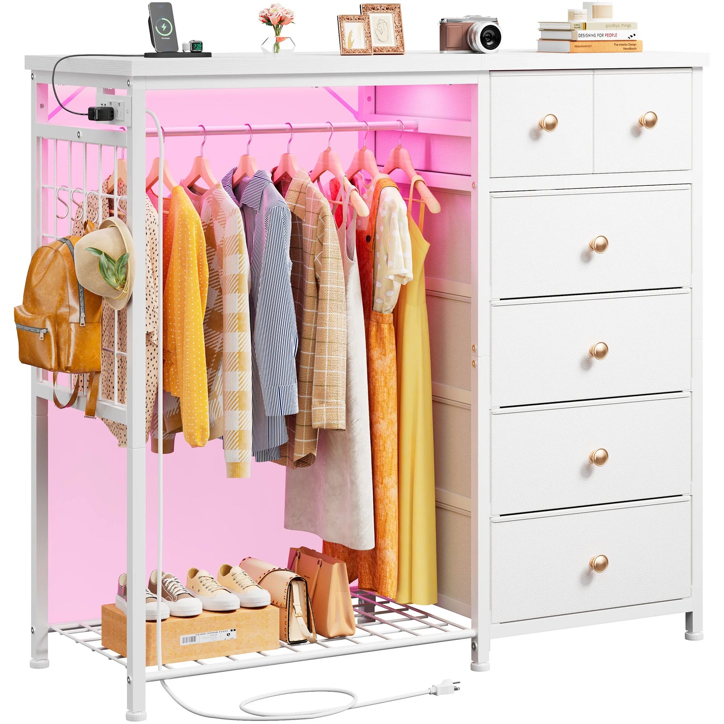 EnHomee 6-Drawer Fabric Dresser With Hanging Rack And Grid Panel