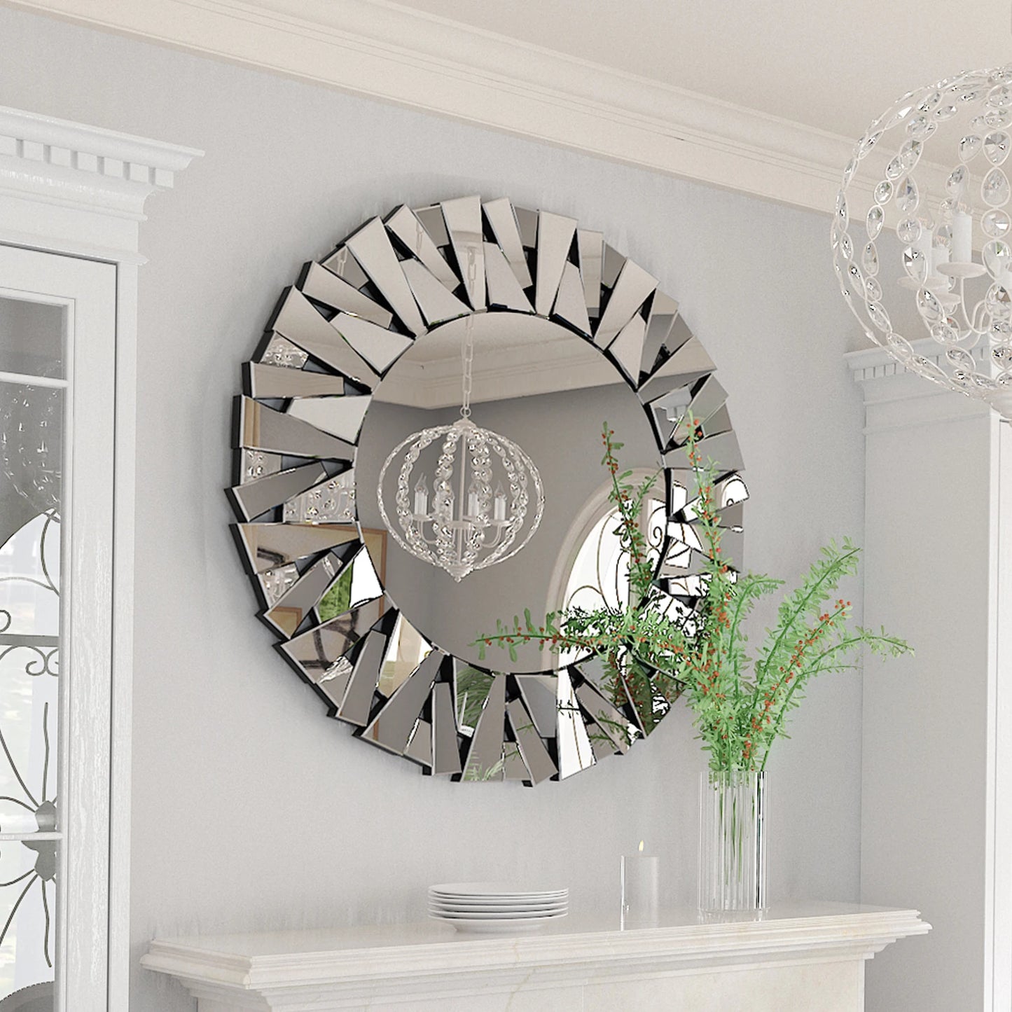 Sunburst Round Mirror Wall Decor Glass Beveled Hanging