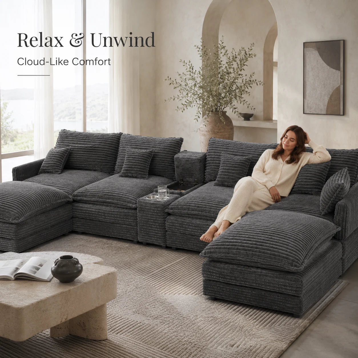 7-Piece U Shaped Modular Sofa Set With Console Coffee Table