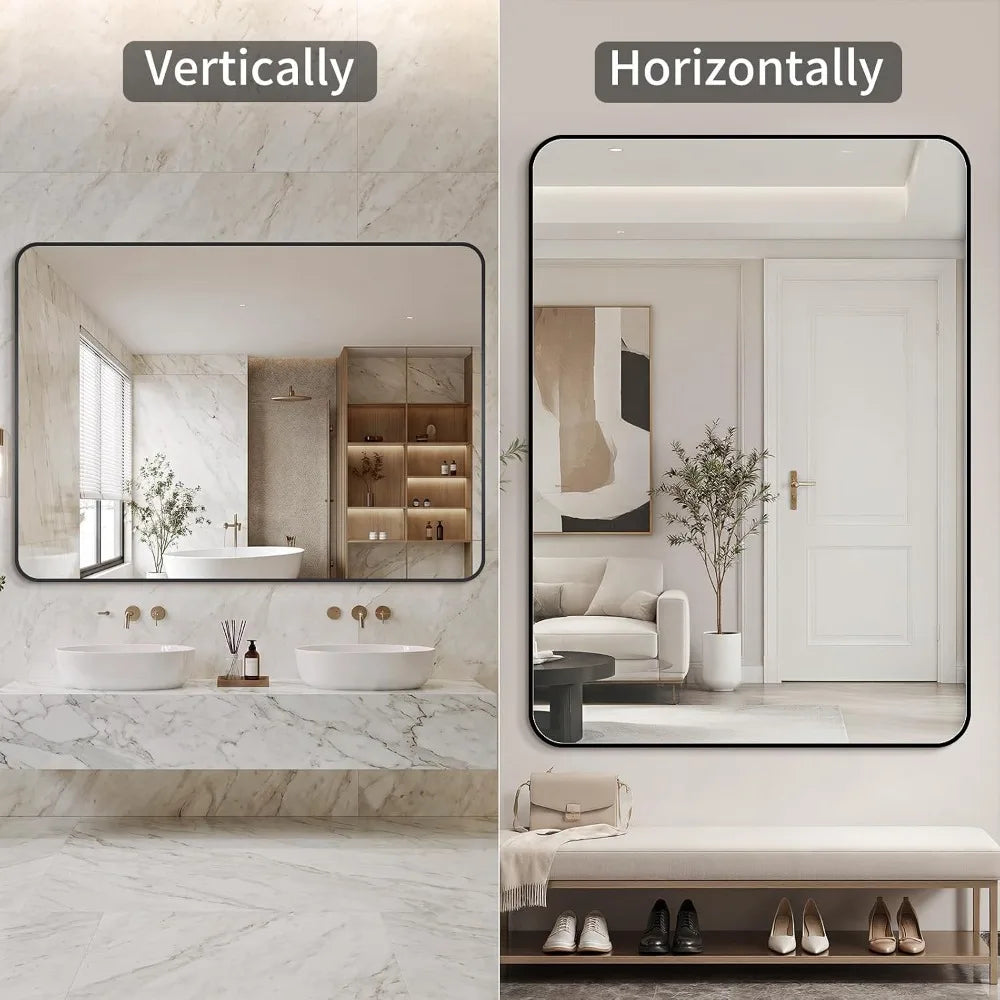 Bathroom Mirror With Black Metal Frame Tempered Glass