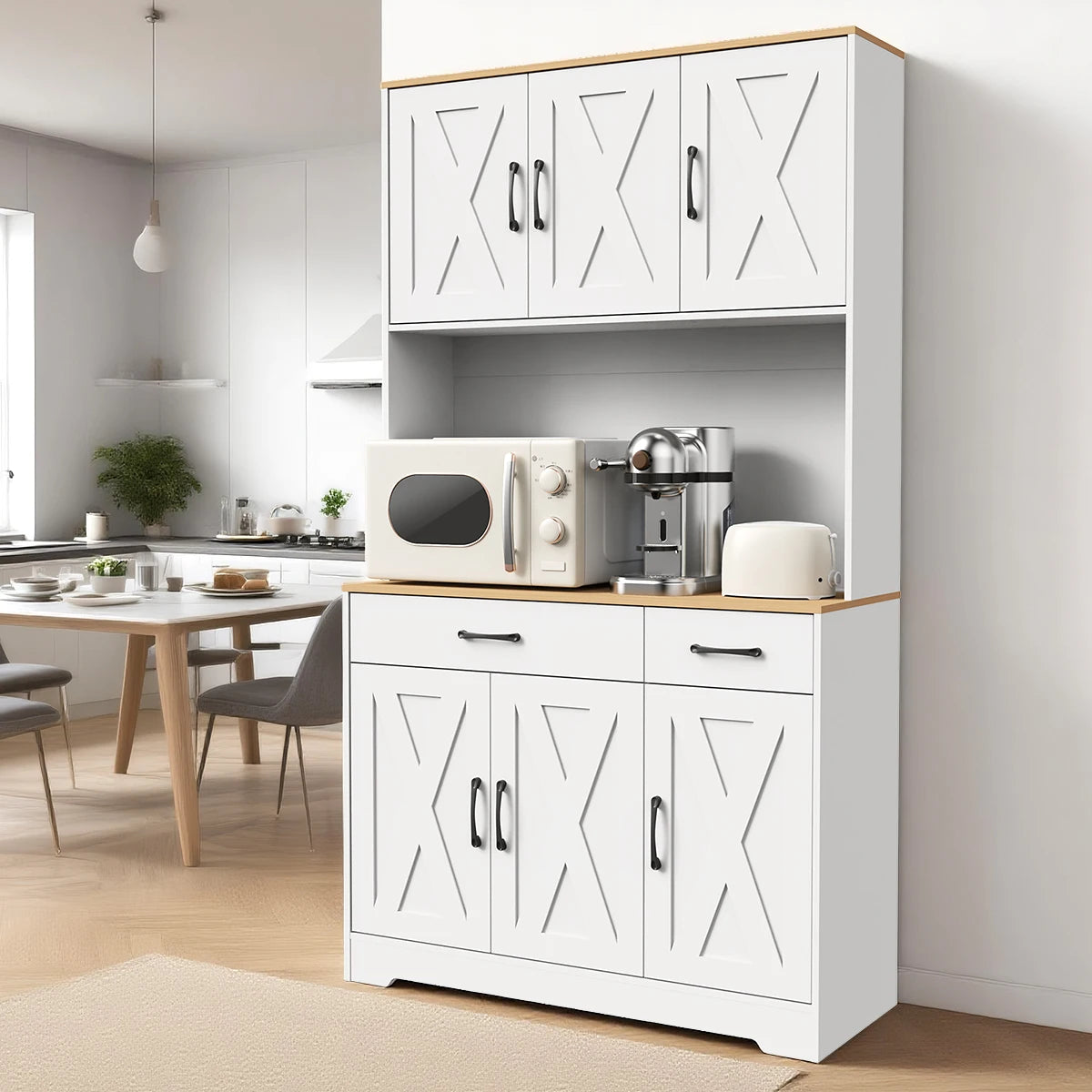 Huisenitre Freestanding Kitchen Pantry With Charging Station And Shelves