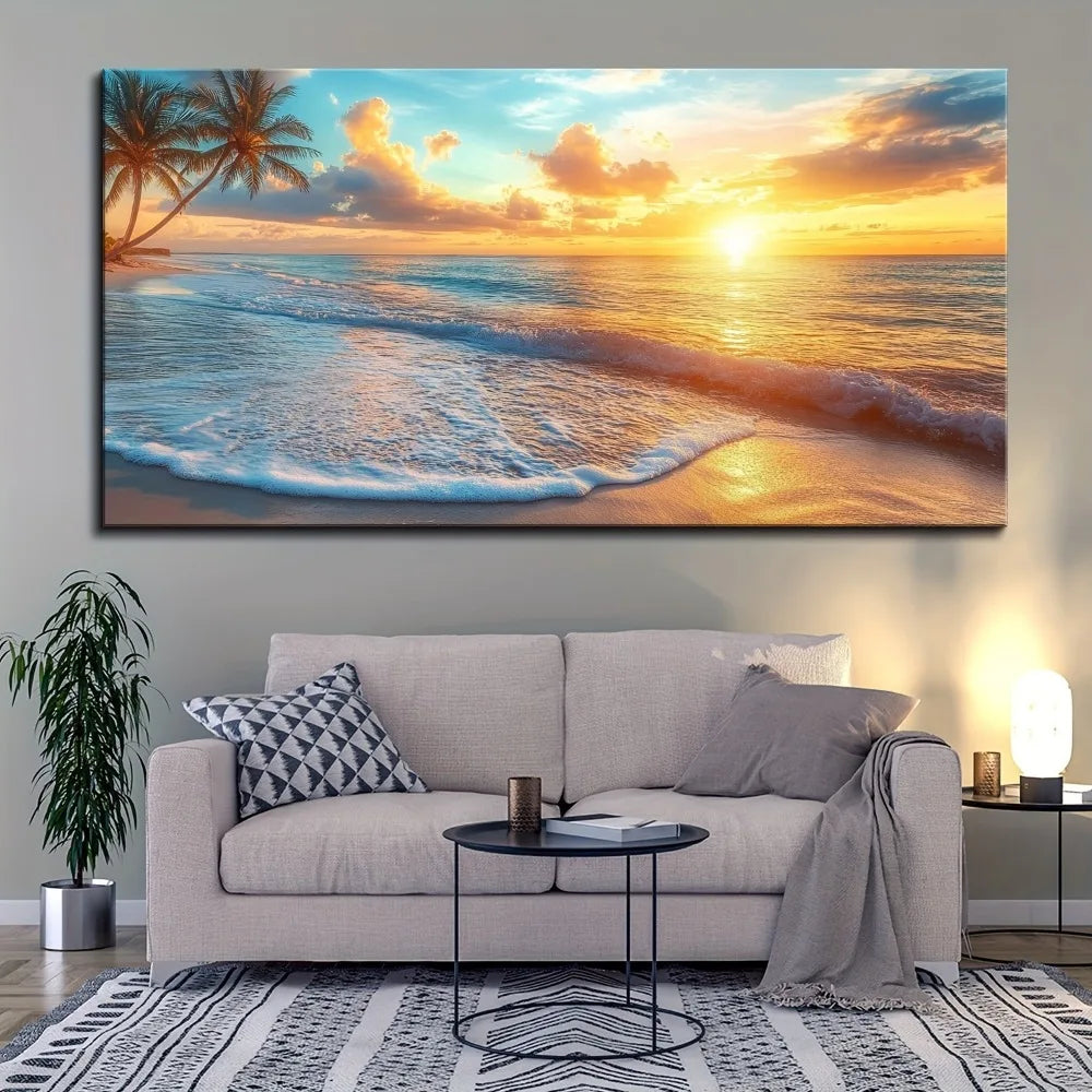 Solid Pine Wood Frame Ocean Sunset Canvas Mural Wall Art