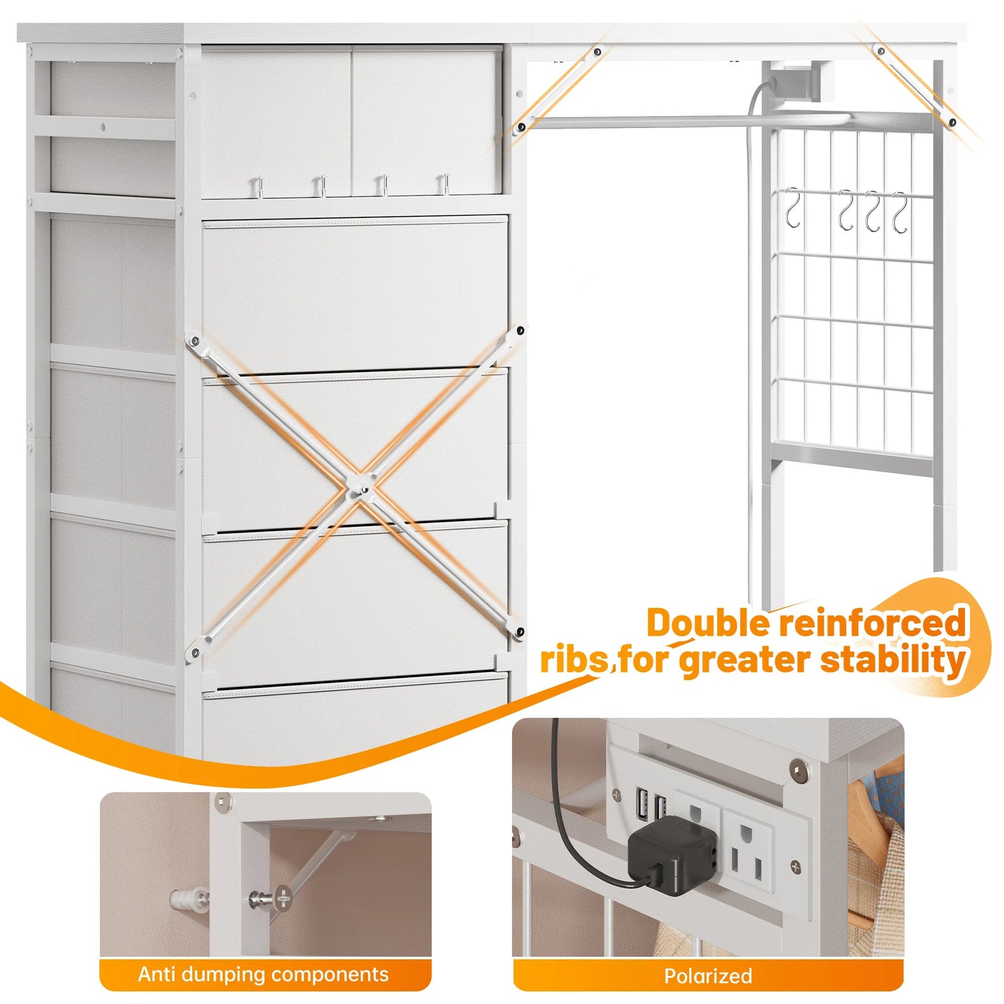 EnHomee 6-Drawer Fabric Dresser With Hanging Rack And Grid Panel
