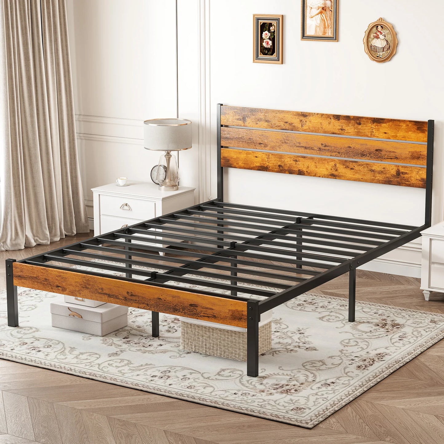 MCQ Wooden Headboard Metal Platform Bed Frame With 700 Lbs