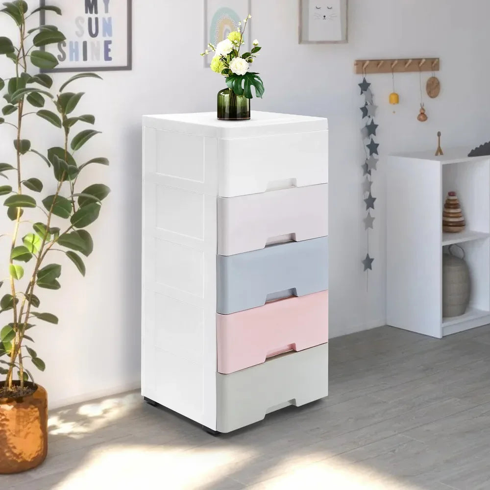 Bymaocar Dust-Proof 5-Drawer Plastic Storage Cabinet With Lockable Wheels