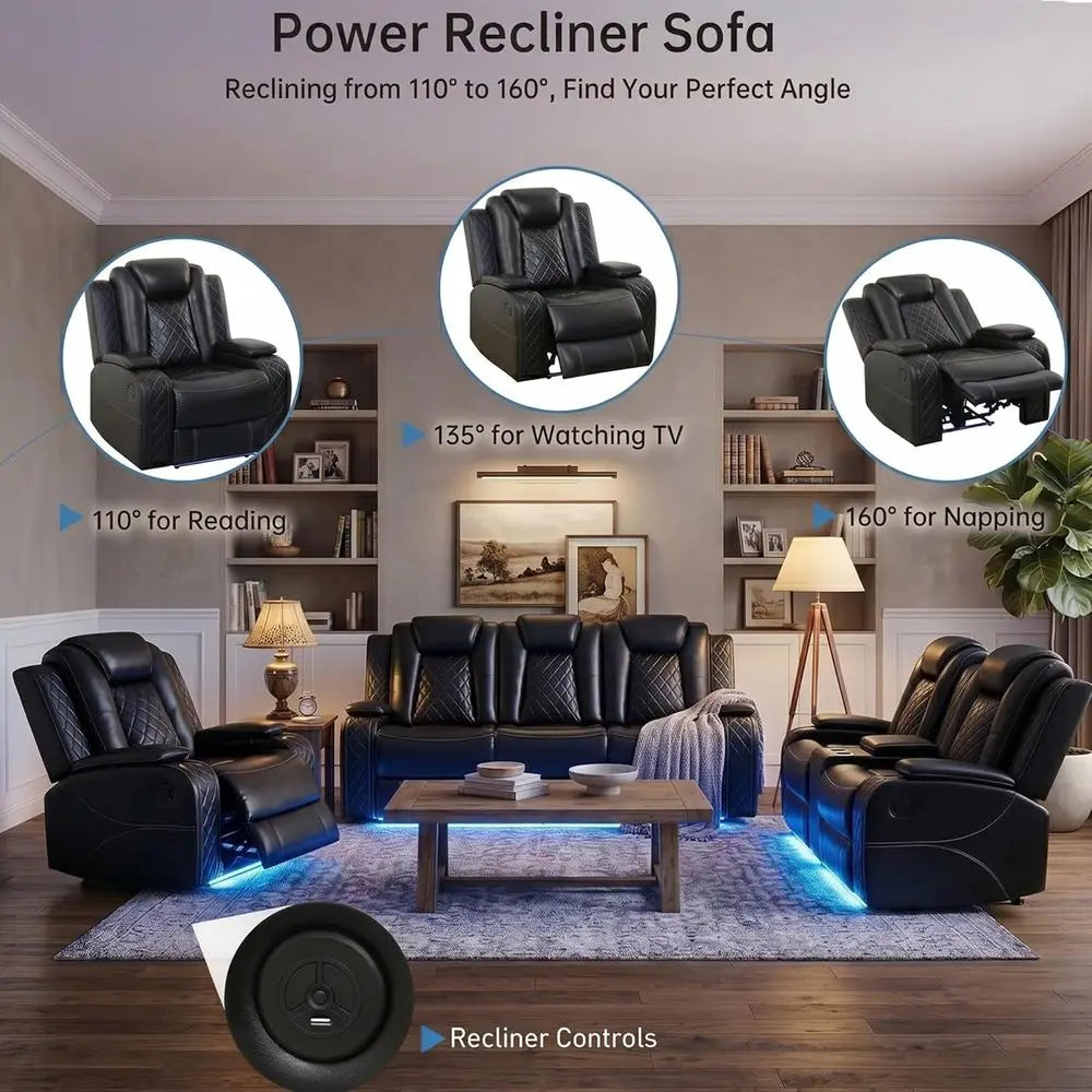 Leather 3-Piece Power Reclining Sofa Set with USB and Storage