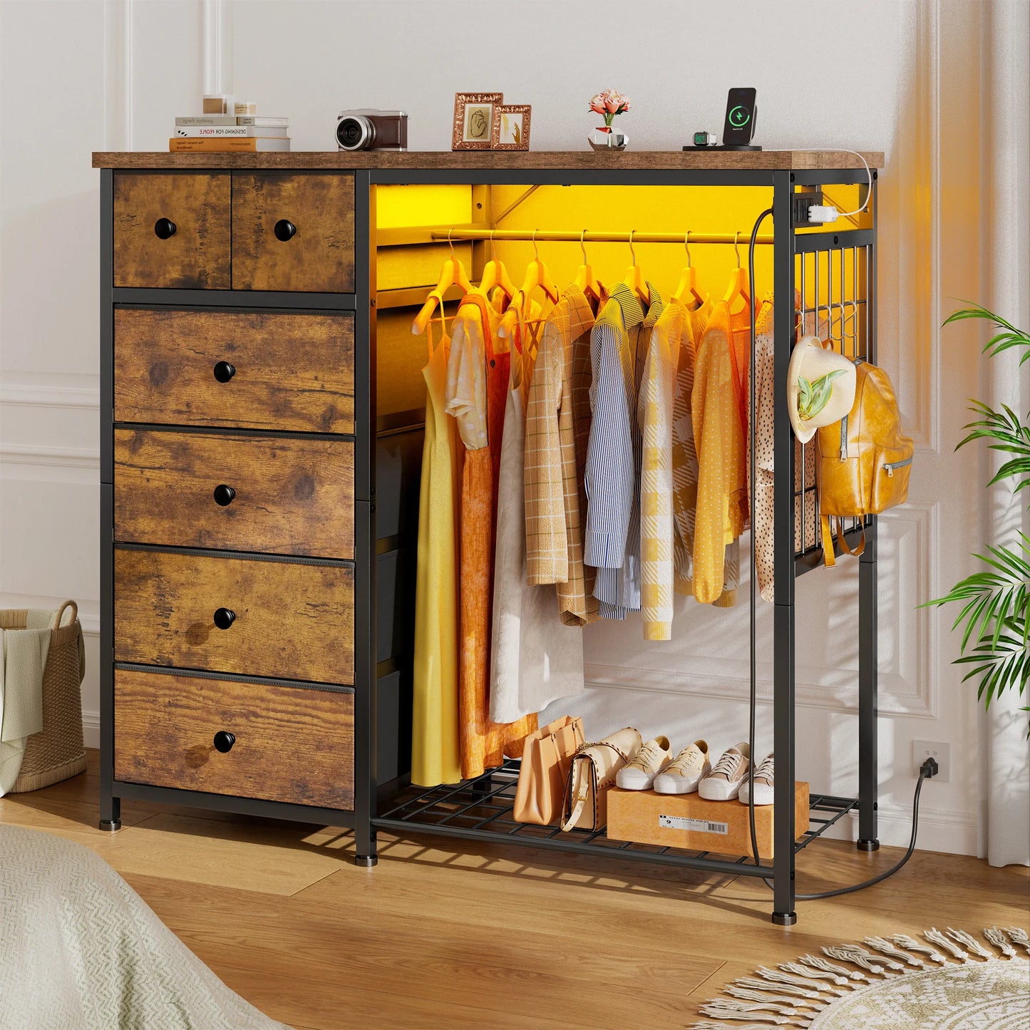 EnHomee 6-Drawer Fabric Dresser With Hanging Rack And Grid Panel