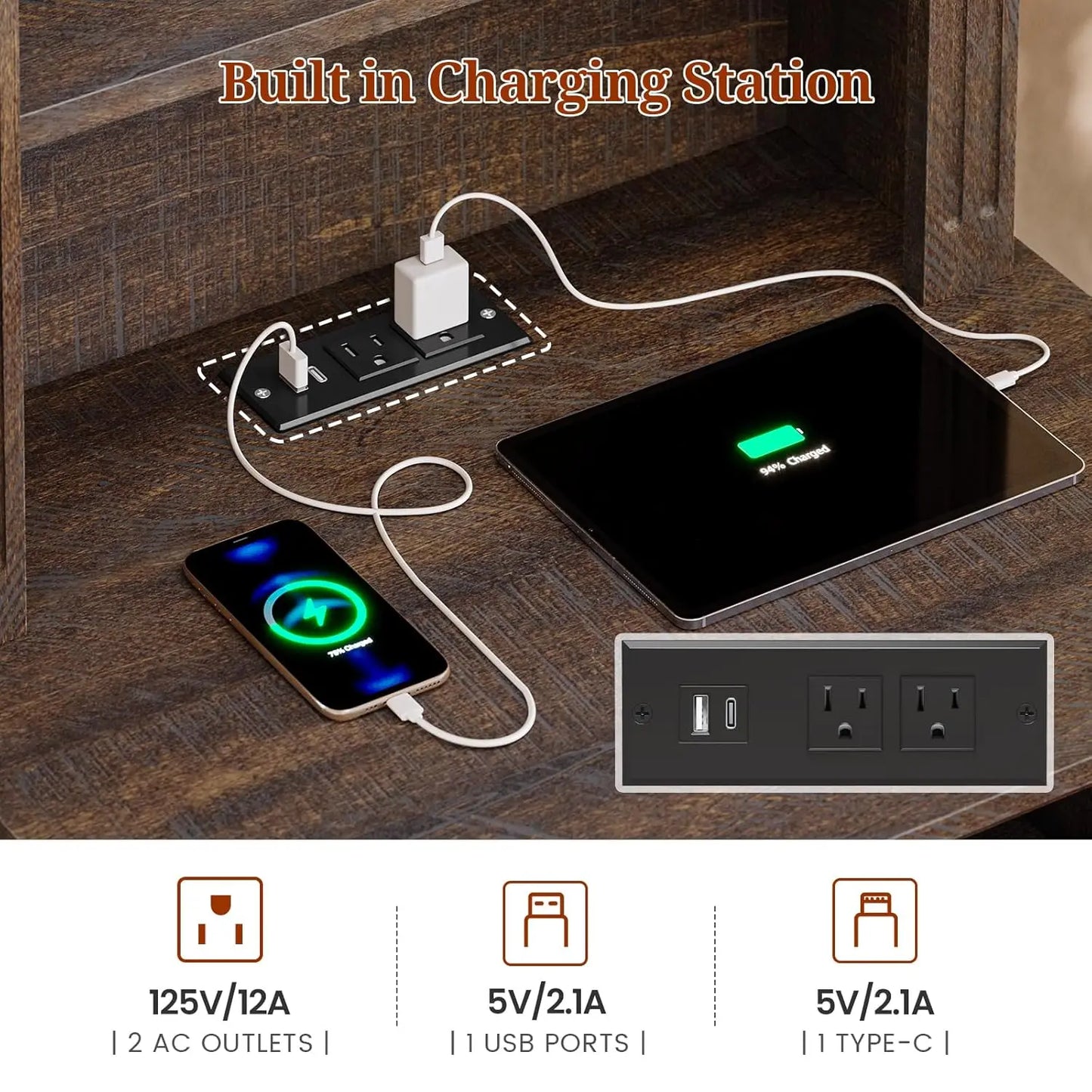 Frame Modern Nightstand With Three Drawers Charging Station LED