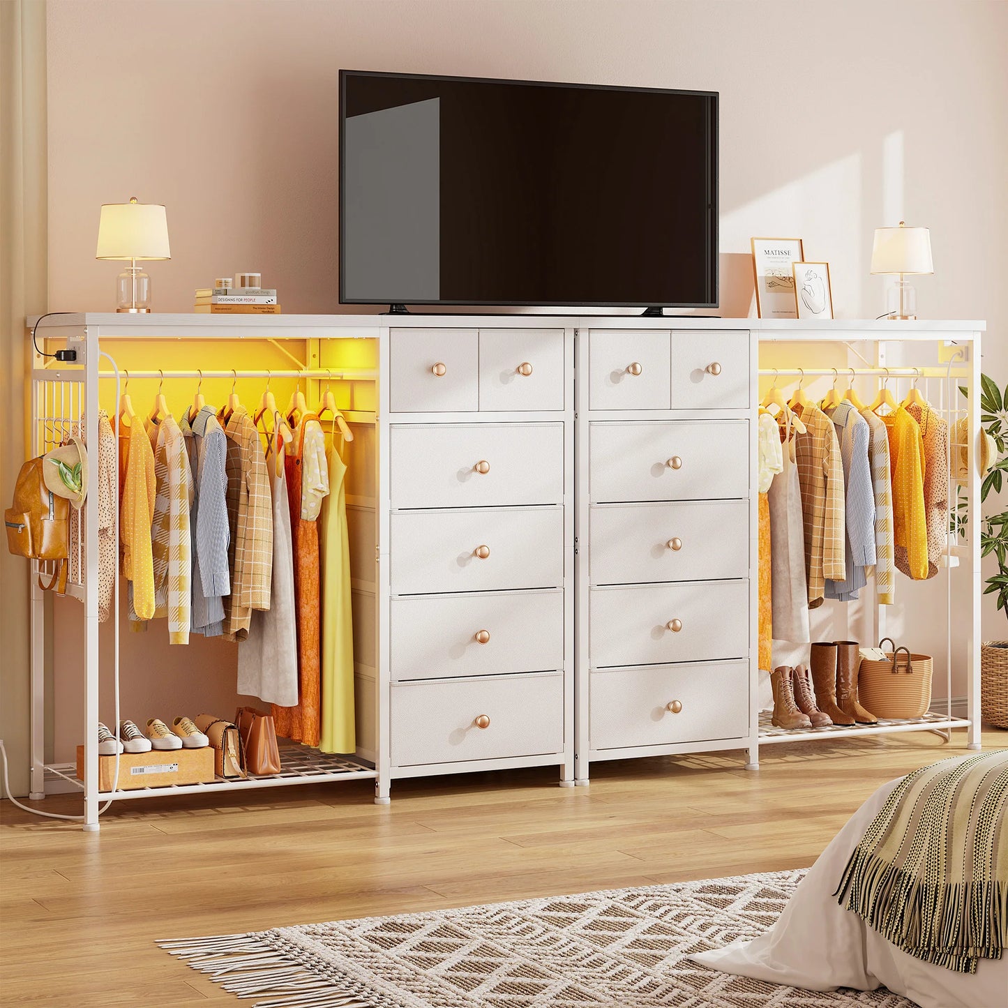 EnHomee 6-Drawer Fabric Dresser With Hanging Rack And Grid Panel