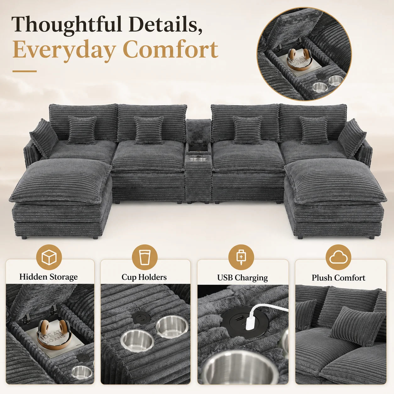 7-Piece U Shaped Modular Sofa Set With Console Coffee Table