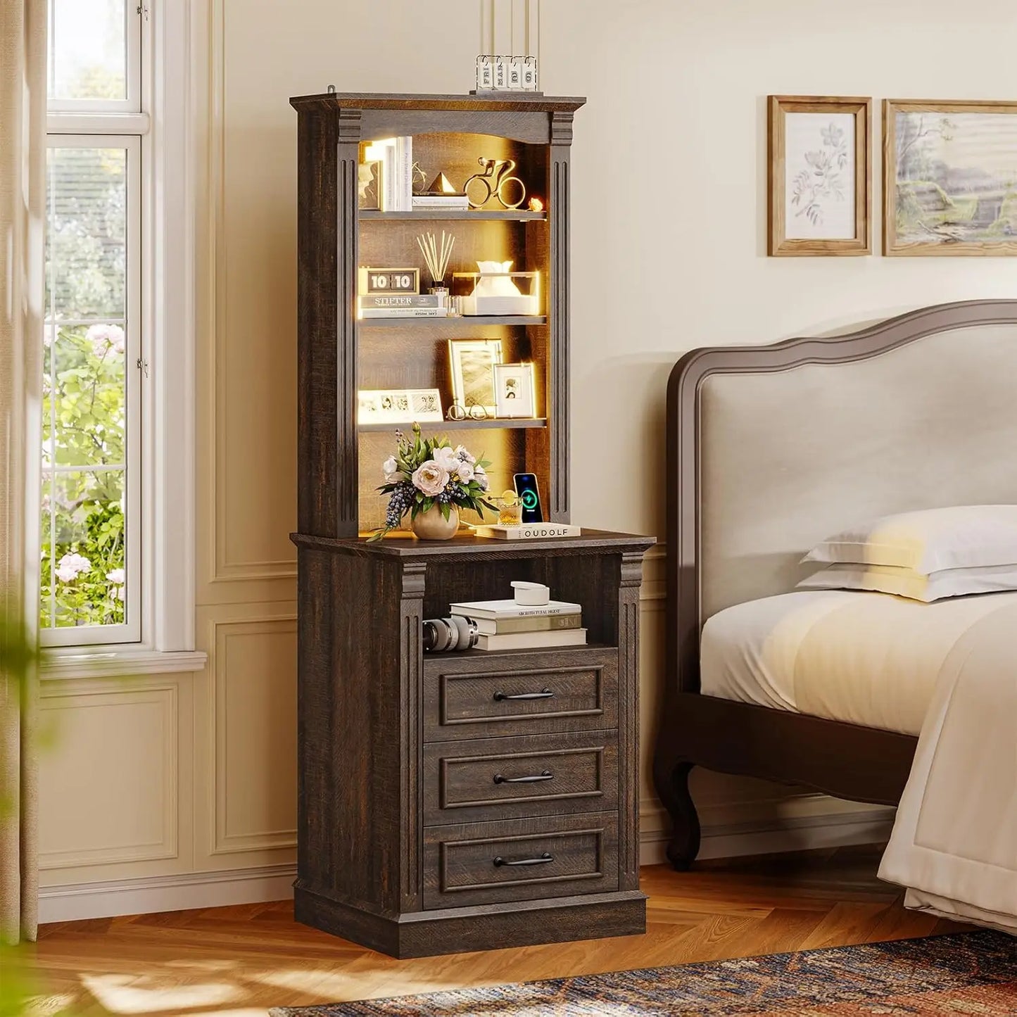 Frame Modern Nightstand With Three Drawers Charging Station LED