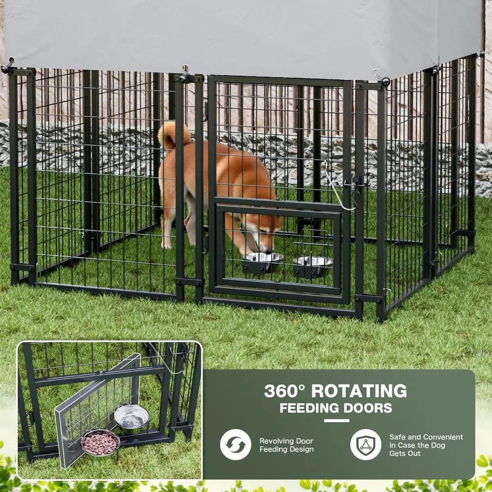 Sturdy Steel Outdoor Dog Kennel With Lockable Door Rotating Bowls