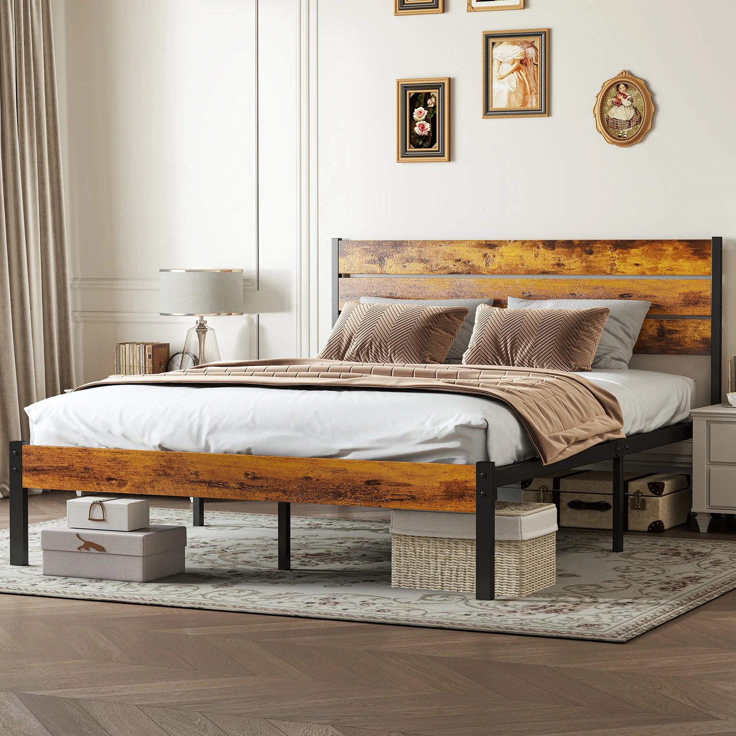 MCQ Wooden Headboard Metal Platform Bed Frame With 700 Lbs